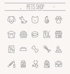 Set of icons for vet clinic, pet shop, dog training or dog shelter. Element for web site or mobile app. Vector illustration in modern flat line style.