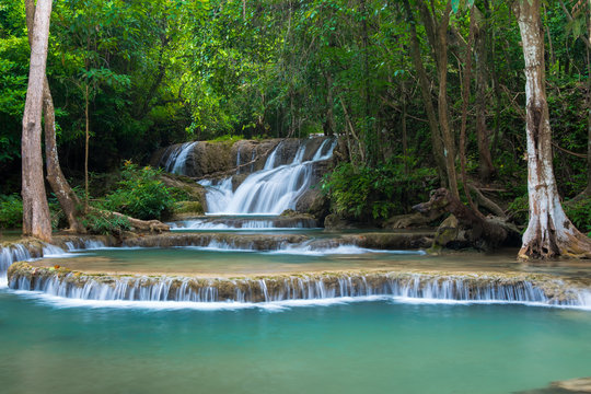 Beautiful and Breathtaking green waterfall, Erawan's waterfall, Located Kanchanaburi Province, Thailand © peangdao