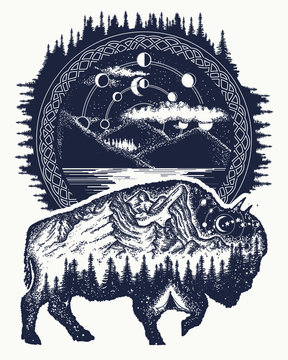 Bison and mountains tattoo art. Buffalo bull travel symbol, adventure tourism. Mountain, forest, night sky. Magic tribal bison double exposure animals