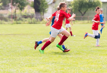 Kids soccer football - children players match on soccer field