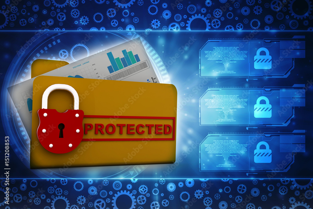Poster yellow folder and lock. data security concept. 3d rendering