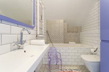 White violet bathroom with plastic chair