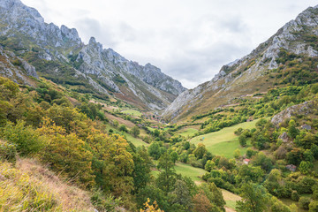 Fototapeta na wymiar The hamlet Áliva and Uriellu in the Rio Duel valley, situated in the Peaks of Europe, Spanish Los Picos de Europa, Asturias Spain. The valley is wonderful for hiking and leads along the river Duel