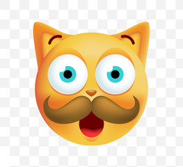 Cute Emoticon Cat with Mustache on Transparent  Background. Isolated Vector Illustration 