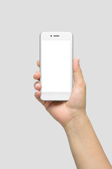 Mockup of female hand holding phone isolated on light grey background | App & UI Mockups 