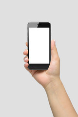 Mockup of female hand holding phone isolated on light grey background | App & UI Mockups 