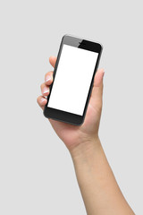 Mockup of female hand holding phone isolated on light grey background | App & UI Mockups 