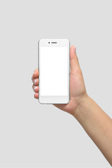 Mockup of female hand holding phone isolated on light grey background | App & UI Mockups 