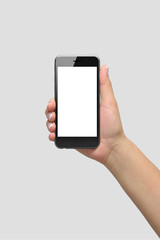 Mockup of female hand holding phone isolated on light grey background | App & UI Mockups 