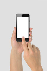 Mockup of female hand holding phone isolated on light grey background | App & UI Mockups 