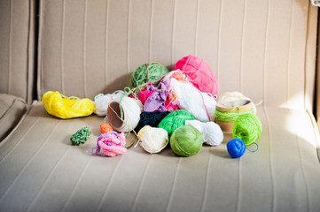 Multicolored tangles of yarn. Multicolored threads