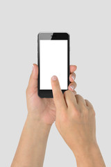 Mockup of female hand holding phone isolated on light grey background | App & UI Mockups 