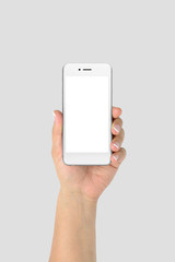 Mockup of female hand holding phone isolated on light grey background | App & UI Mockups 
