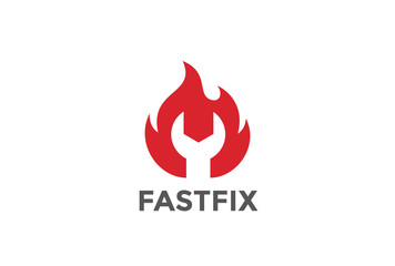 Wrench in Fire Flame Logo design vector template Negative space style. Fast rapid fix repair service Logotype concept icon.