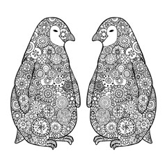 Two loving penguin. Zen tangle vector. Zentangle Antarctica black and white.