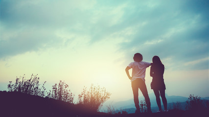 Fototapeta premium Natural background Couples lovers. The sun rises in the morning on the mountain. thailand doi inthanon