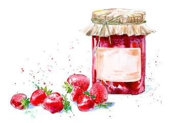 Sweet strawberry jam and berry. Watercolor hand drawn illustration. - 151215833