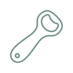 Icono plano abrebotellas inclinado lineal gris en fondo blanco.