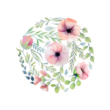 Watercolor round floral composition