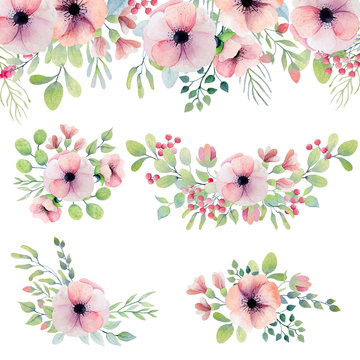 Watercolor set with pink flowers