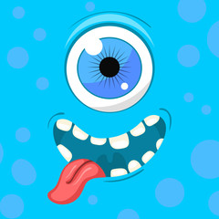 Cartoon monster face. Vector Halloween blue smiling fairy tale avatar. Vector illustration