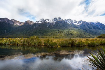 Fototapeta na wymiar Mirrow Lakes zwischen Te Anau und Milford Sound in Neuseeland (New Zealand)