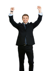 Happy successful gesturing businessman, on white