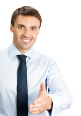 Business man giving hand for handshake, isolated