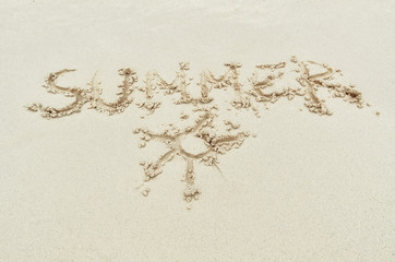 Imprint of the word summer on the sand