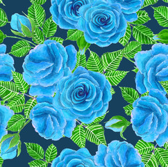 Blue roses with leaves and buts painted in watercolor. Seamless pattern for designing wedding invitations, cards and more.