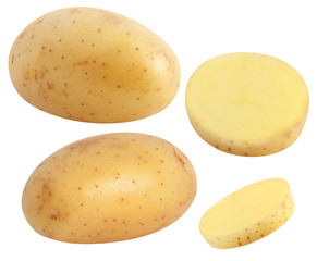 Isolated potatoes. Collection of whole and cut pieces potatoes isolated on white, with clipping path