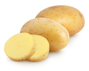Isolated potatoes. Raw potatoes and cut pieces isolated on white, with clipping path