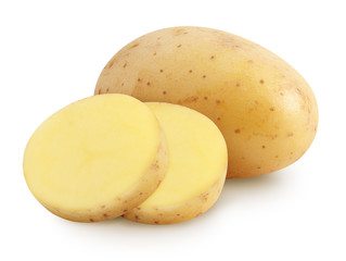 Fototapeta Isolated potatoes. Whole potatoe and cut isolated on white background with clipping path obraz