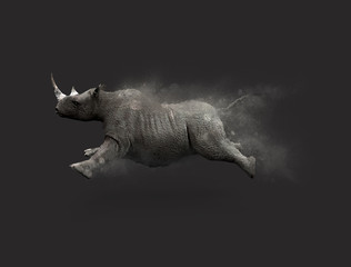 Obraz premium A Rhino moving and jumping with dust particle effect on gray background, 3d illustration