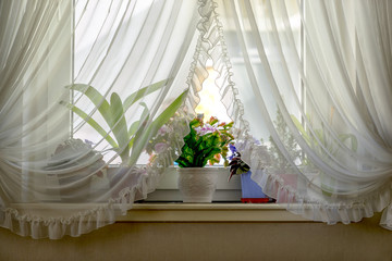 Old fashioned grandparents window sill with curtains and flower heads