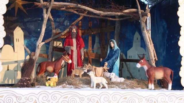 Depiction of Nativity of Jesus, Christmas decoration in Perm Ice Town 2017 Ekosad - largest in Russia