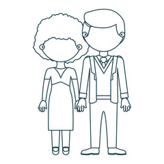 blue contour faceless couple curly woman with dress and man in formal suit with taken hands vector illustration