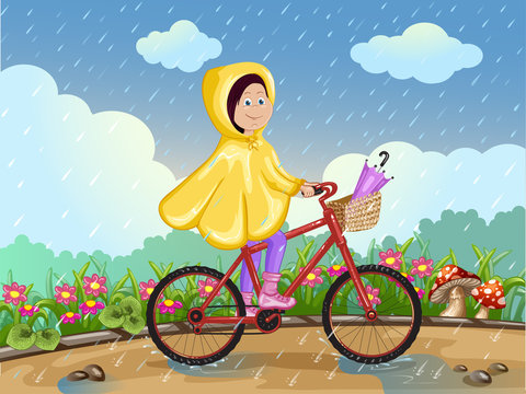 Girl in raincoat riding on a bicycle under the rain. 
