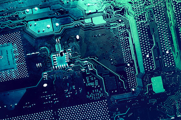 Motherboard digital chip. Circuit board. Electronic computer hardware technology.