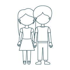blue contour faceless couple girl with skirt and lond hair with boy in casual clothing and taken hands vector illustration