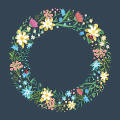 Round summer frame with flowers, plants and place for your text