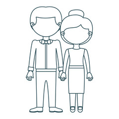 blue contour faceless couple woman with collected hair and man with bowtie and taken hands vector illustration