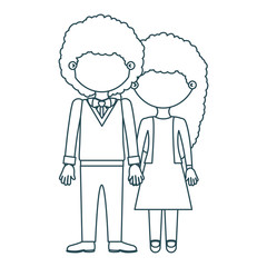 blue contour faceless curly couple woman with dress and man with bowtie and taken hands vector illustration
