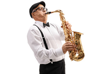 Fototapeta na wymiar Mature jazz musician playing a saxophone