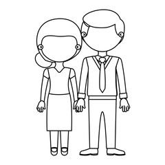 sketch silhouette faceless couple woman with skirt and blouse with man in formal style and taken hands vector illustration