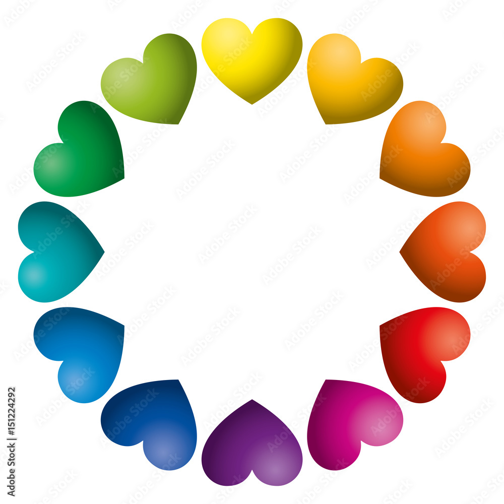 Poster rainbow color hearts arranged in a circle. twelve heart symbols in unique color hues. isolated illus