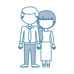 blue contour with color sections faceless couple woman with side ponytail hair and man with necktie and taken hands vector illustration