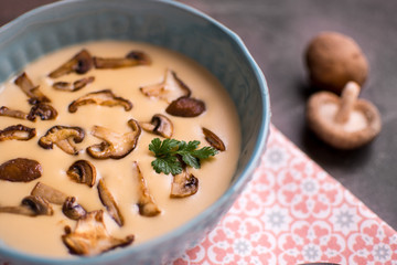 Creamy Mushroom Soup in Bowl on Stone Background. Homemade Mushrooms Pottage Puree.