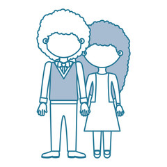 blue contour with color sections faceless curly couple woman with dress and man with bowtie and taken hands vector illustration