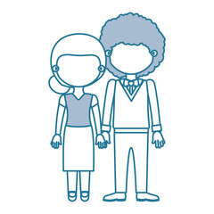 blue contour with color sections faceless couple woman with collected hair and curly man with bowtie and taken hands vector illustration
